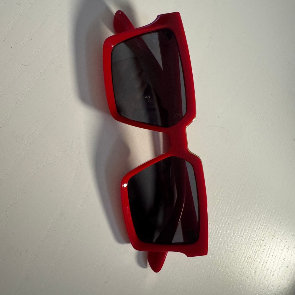 Red Oversized Rectangle Sunglasses Gold Top Trim Romantic Edgy Artsy Maximalist
